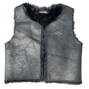 Lucky Ikks Black Faux Fur Vest Toddler Girls Biker Princess Metallic Crown Heart